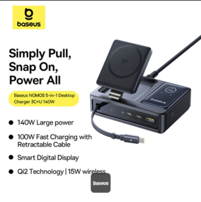 Baseus NOMOS 140W – Station de Charge de Bureau 5-en-1 avec Qi2