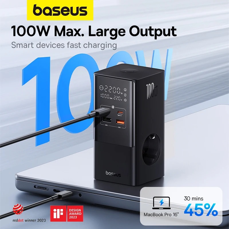 Baseus PowerCombo Tower : Multiprise 6-en-1 avec Charge Rapide USB-C 100Wimage 4