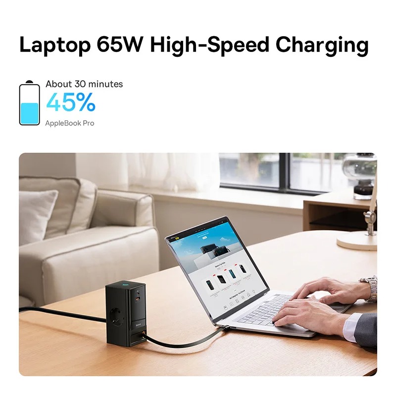Chargeur de Bureau Multiprise Baseus 65W GaN - Rétractable USB-C - Charge Rapide iPhone 16/15/14, Ordinateur Portable, Tablette image 3