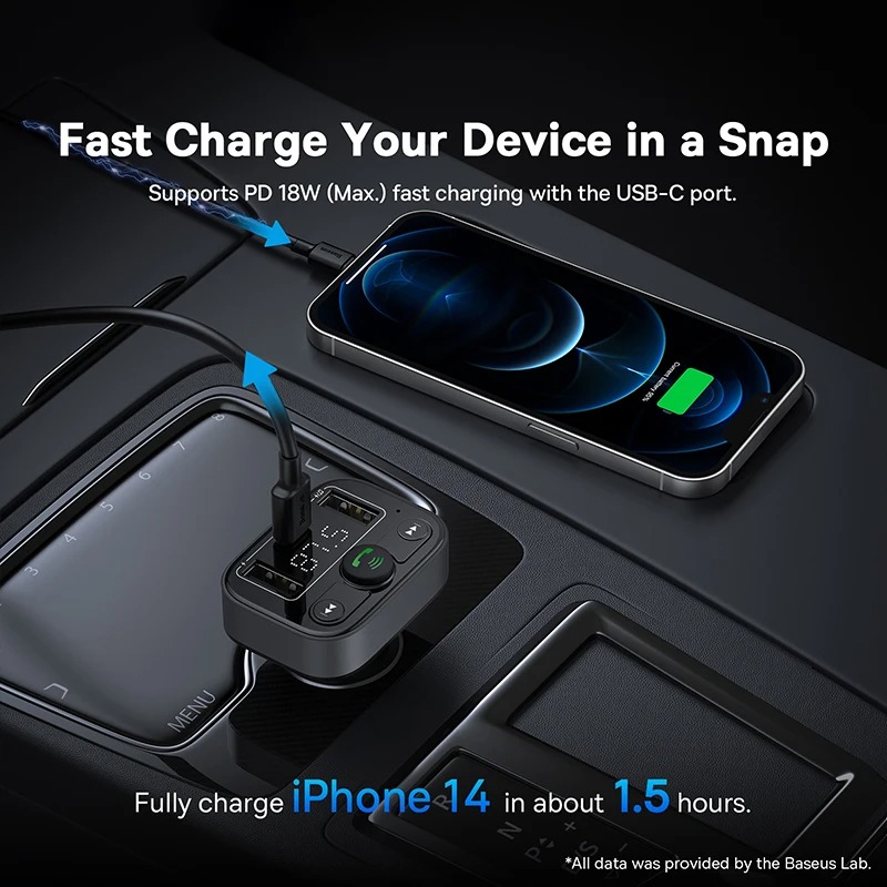 Émetteur FM Bluetooth Voiture Baseus - Kit Mains Libres & Chargeur USB - Noir image 3