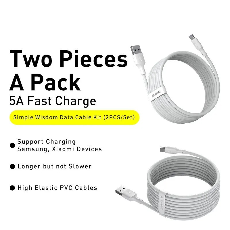 Lot de 2 Câbles USB vers USB-C Baseus 5A 40W 1.5m Blanc - Charge Rapide & Transfert de Donnéesimage 4
