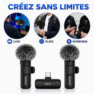 Kit Double Microphone Sans Fil Boya BY-MW3 (Lightning & Type-C) – Portée 20m+, Plug & Play pour iPhone, Android & Vlog