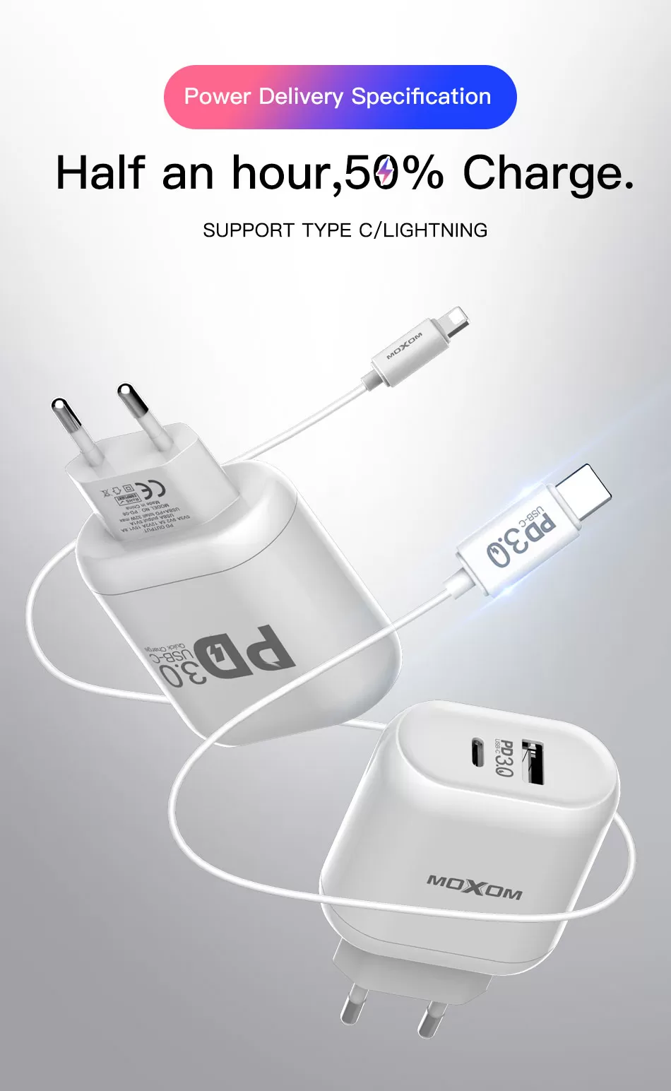Chargeur MOXOM PD 3.0   Adaptateur de Charge rapide avec 2 port USB/TYPE-C  support 32W-0
