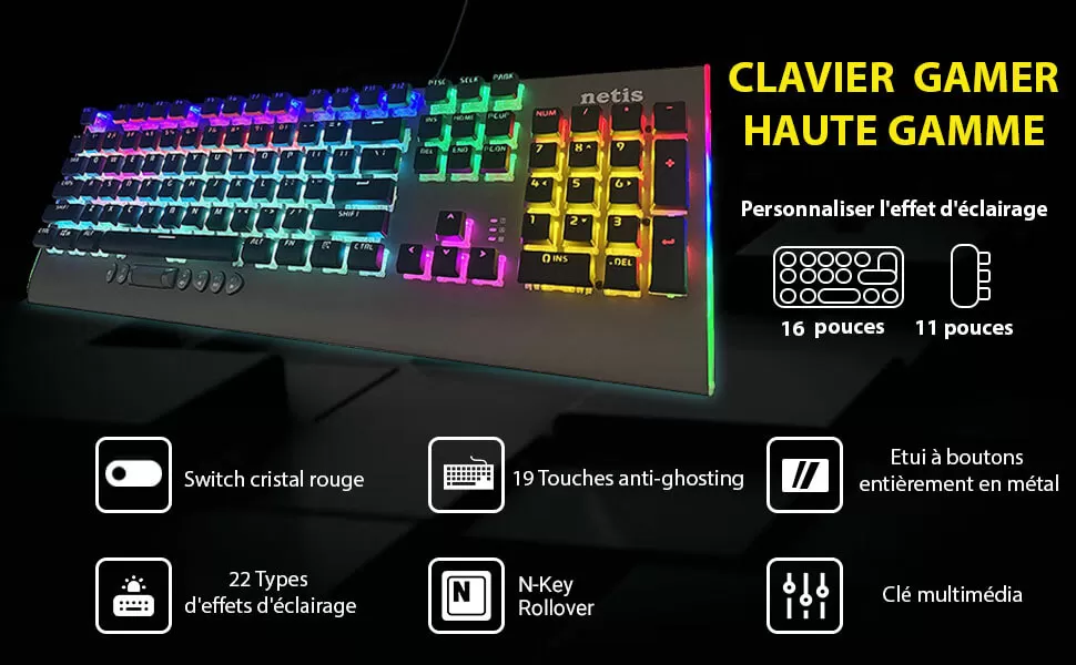 NETIS K3101 CLAVIER DE JEU MÉCANIQUE ARC-EN-CIEL RÉTRO-ÉCLAIRÉ PAR LED ,CHERRY MX RED (ROUGE) THE BEST GAMING KEYBOARD -1