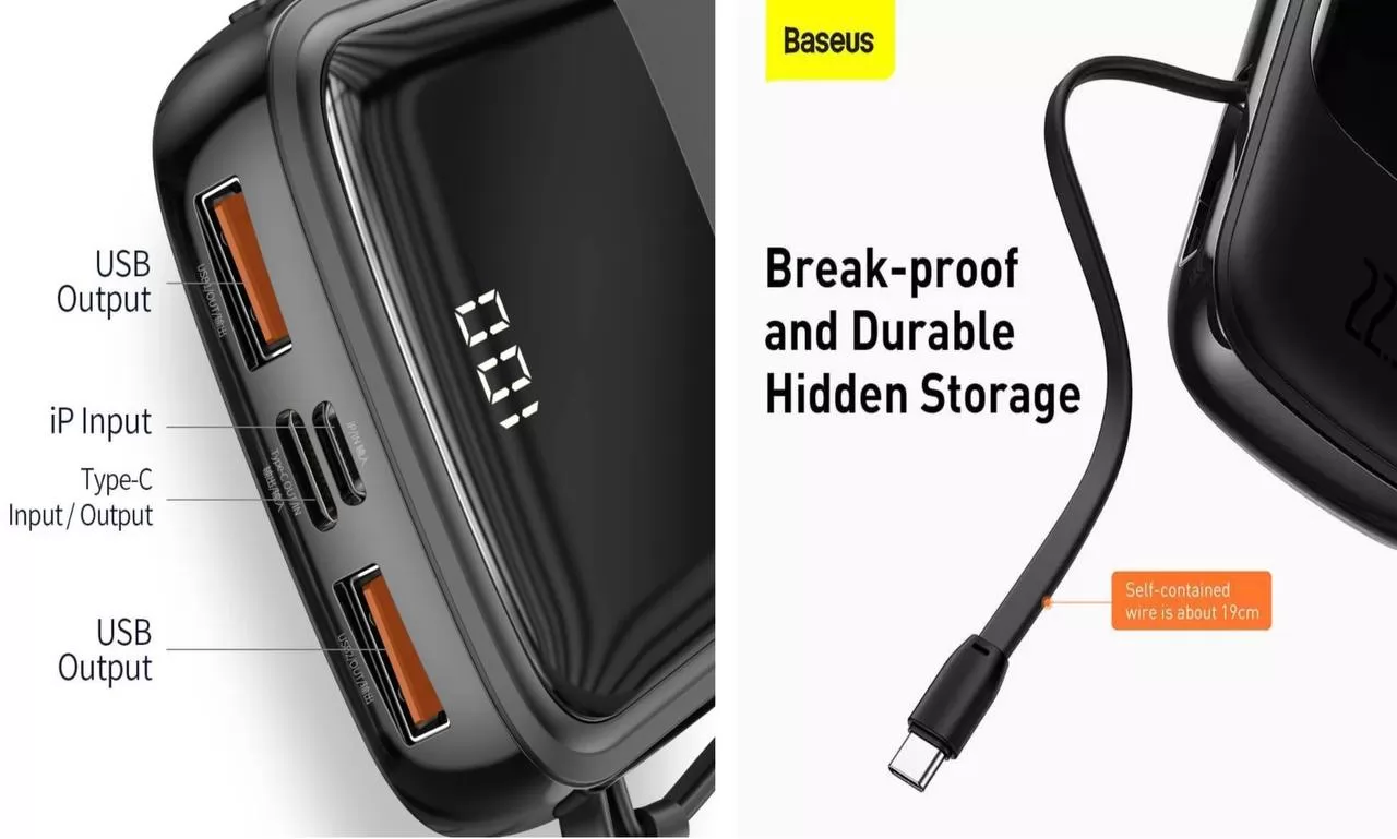 BASEUS Power Bank 10000mAh avec câble USB de type C, double sortie USB USB C-1
