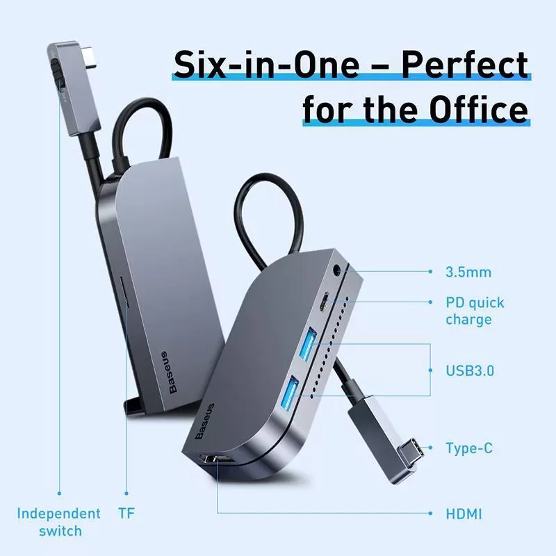 Baseus convertisseur HUB 6-en-1 multi-type C 60W USB3.0 PD-2
