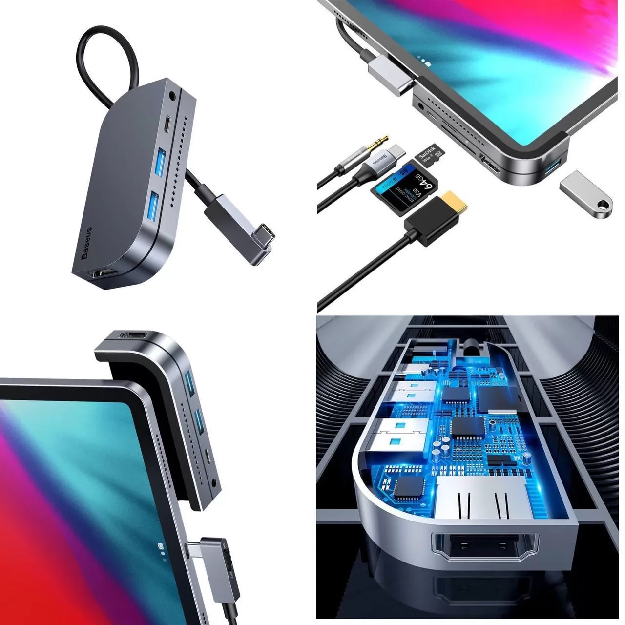 Baseus convertisseur HUB 6-en-1 multi-type C 60W USB3.0 PD-3