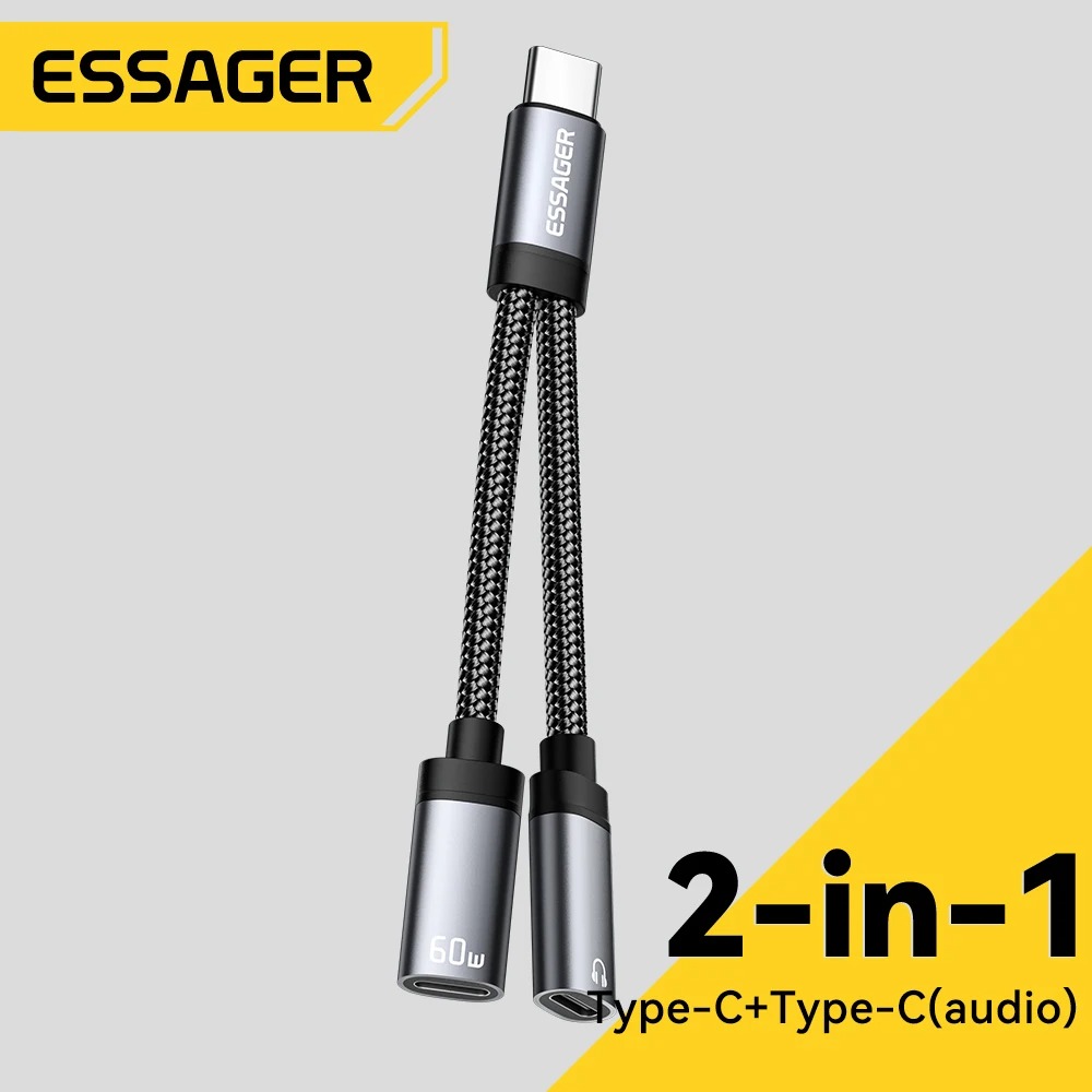 Adaptateur Casque Essager 2-en-1 Type-C vers Jack 3,5mm & PD 60W – Pour iPhone 16/15, Samsung & Xiaomi