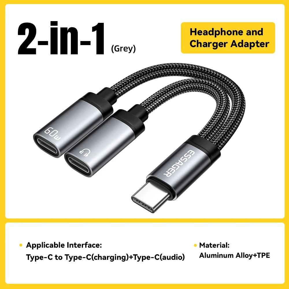 Adaptateur Casque Essager 2-en-1 Type-C vers Jack 3,5mm & PD 60W – Pour iPhone 16/15, Samsung & Xiaomiimage-2