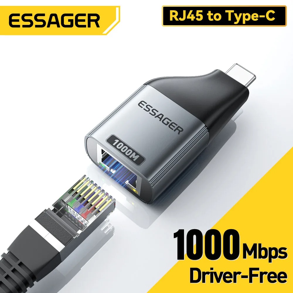 Adaptateur Essager Type-C vers Ethernet Gigabit 1000Mbps – Carte Réseau Filaire RJ45 pour MacBook, PC Laptop & Tablette