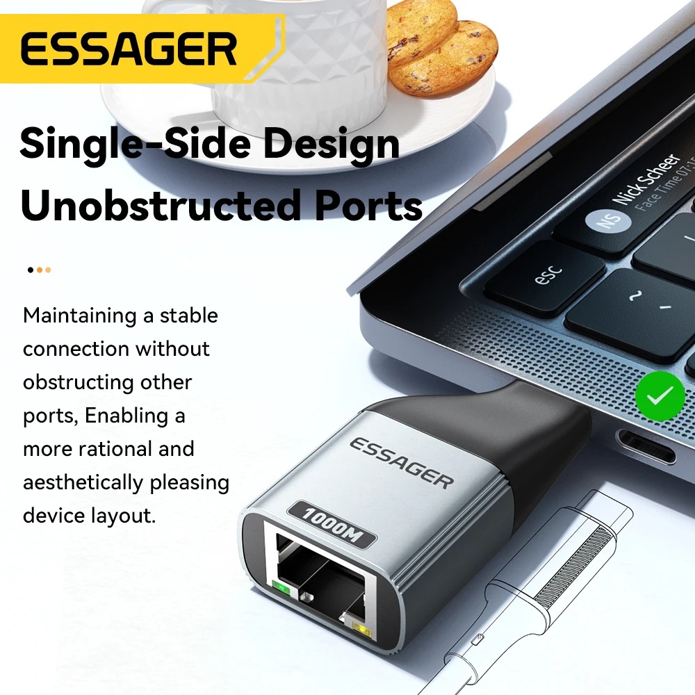 Adaptateur Essager Type-C vers Ethernet Gigabit 1000Mbps – Carte Réseau Filaire RJ45 pour MacBook, PC Laptop & Tablette image 3