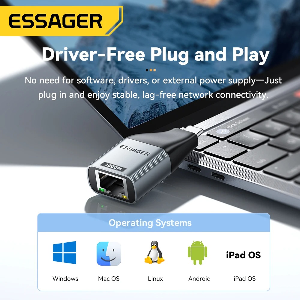 Adaptateur Essager Type-C vers Ethernet Gigabit 1000Mbps – Carte Réseau Filaire RJ45 pour MacBook, PC Laptop & Tabletteimage 4