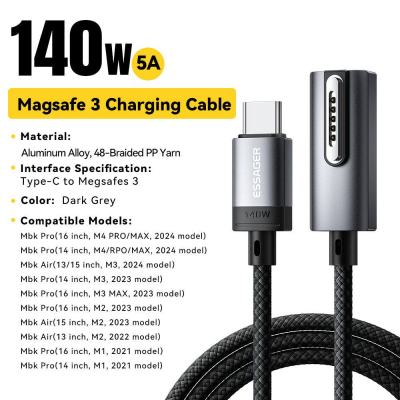 Câble de Charge Essager 140W USB-C vers MagSafe 3 – Charge Rapide PD 3.1
