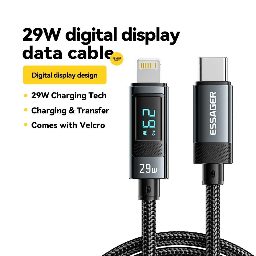 Câble USB-C vers Lightning ESSAGER 29W avec Affichage Numérique LED – Câble de Charge Rapide PD pour iPhone 14/13/12 Pro Max & iPad image 1