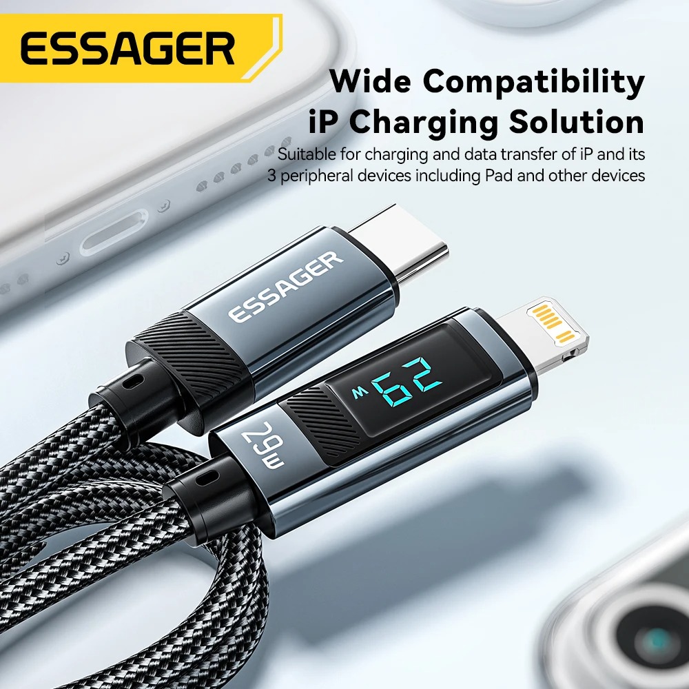 Câble USB-C vers Lightning ESSAGER 29W avec Affichage Numérique LED – Câble de Charge Rapide PD pour iPhone 14/13/12 Pro Max & iPadimage-2
