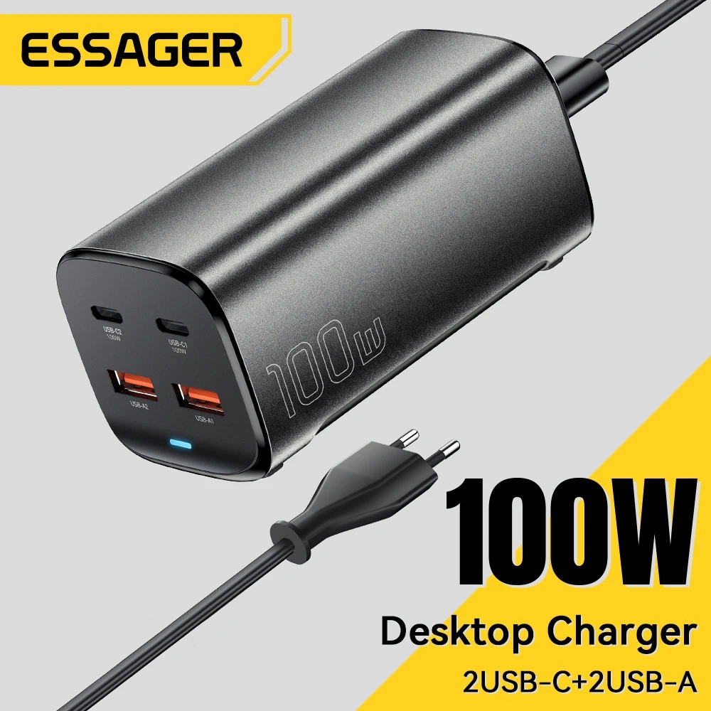Chargeur de Bureau Essager 100W USB-C GaN – Charge Rapide QC 4.0/3.0 & PD pour MacBook, iPhone 15 & Samsung