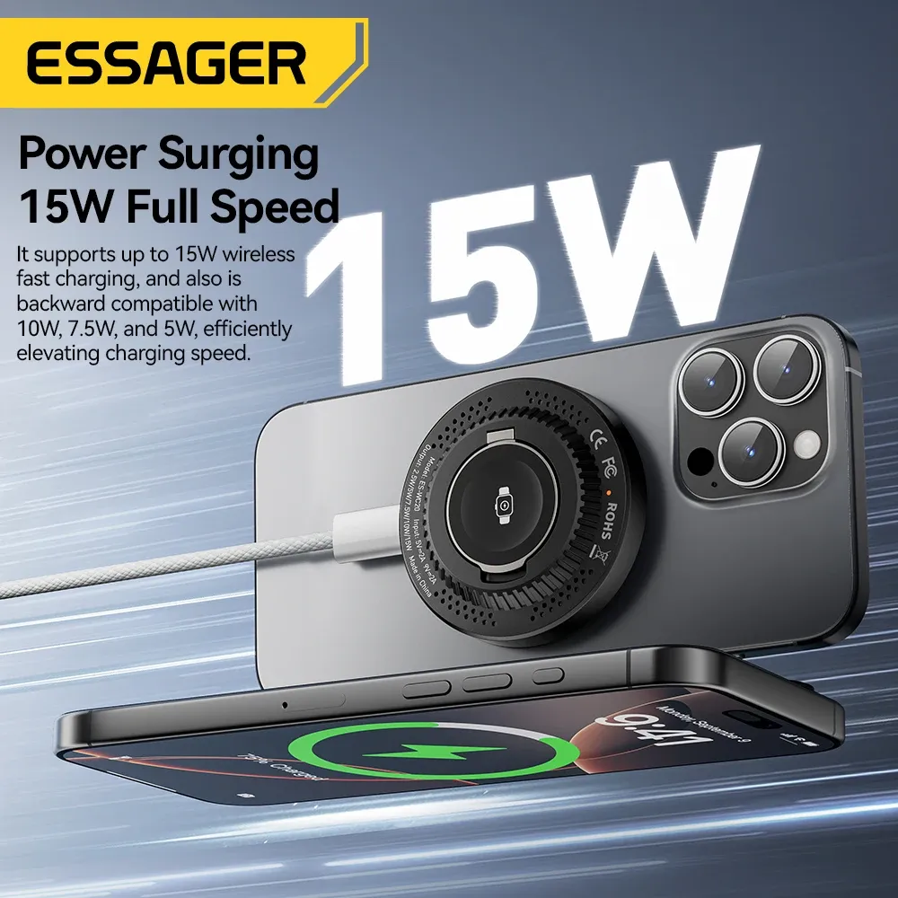 Essager ES-WC20 15W 2-in-1 Magnetic Wireless Charger – Station de Charge Sans Fil Magnétique pour iPhone, Apple Watch & Android