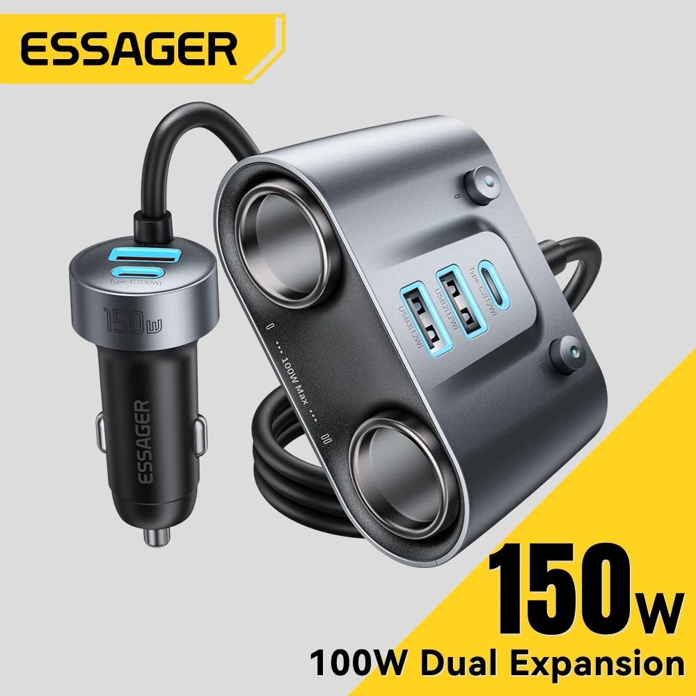Multi-Chargeur Voiture ESSAGER 150W – Multiplicateur Allume-Cigare 100W & Hub de Charge Rapide 5 Ports USB-C / USB-A