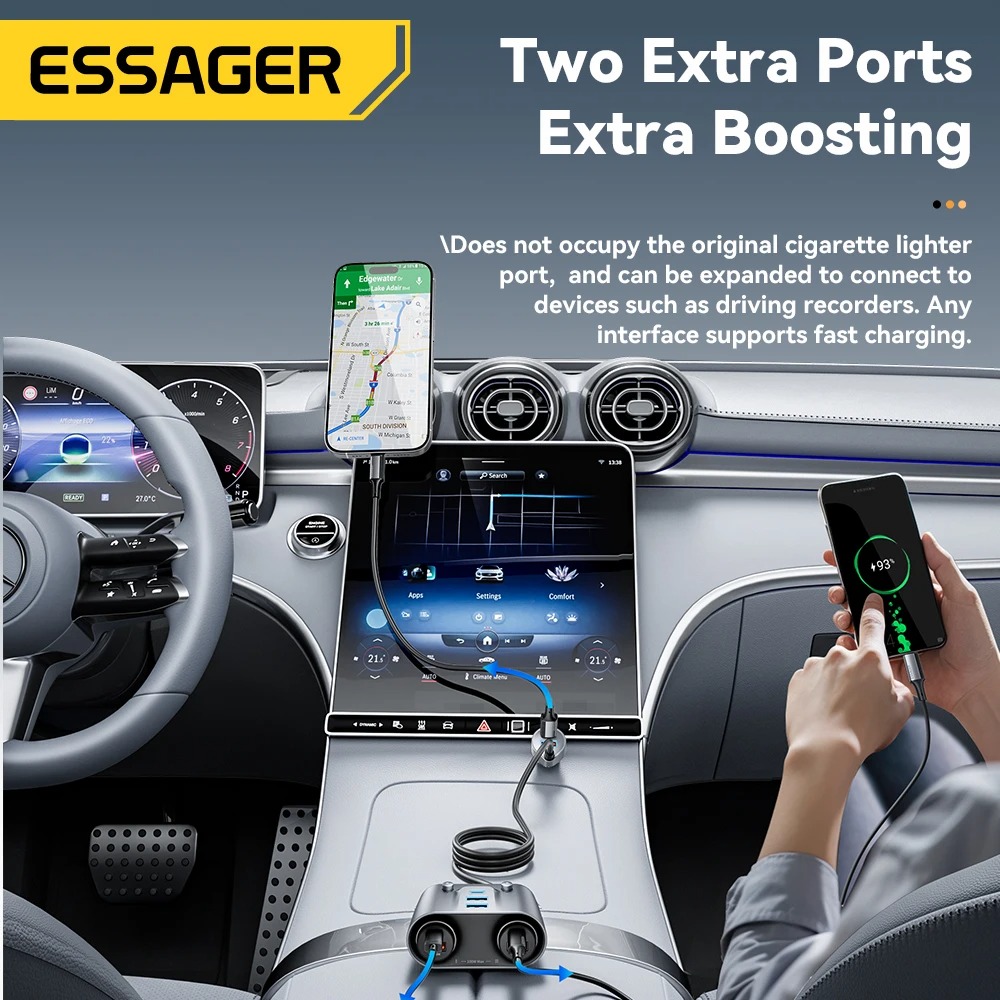 Multi-Chargeur Voiture ESSAGER 150W – Multiplicateur Allume-Cigare 100W & Hub de Charge Rapide 5 Ports USB-C / USB-Aimage-2