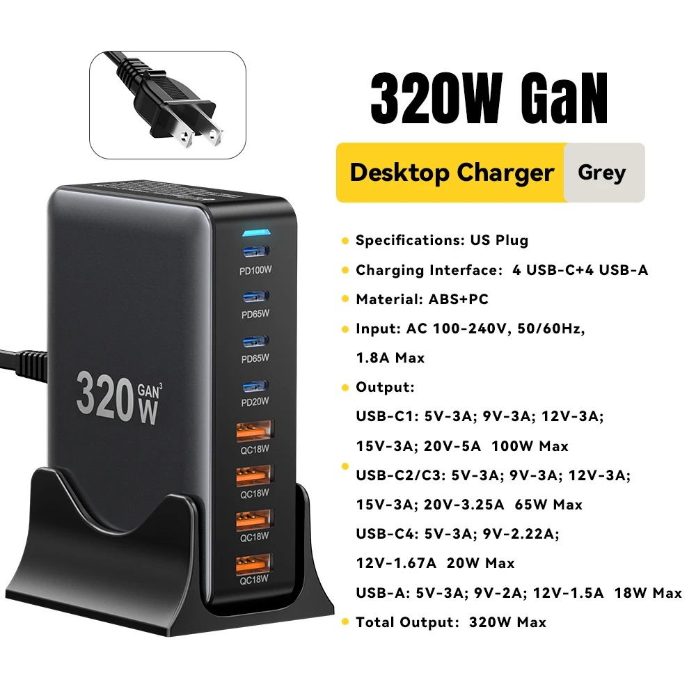 Station de Charge Essager 320W GaN 3.0 – Hub USB-C 8 Ports Haute Puissance image 3