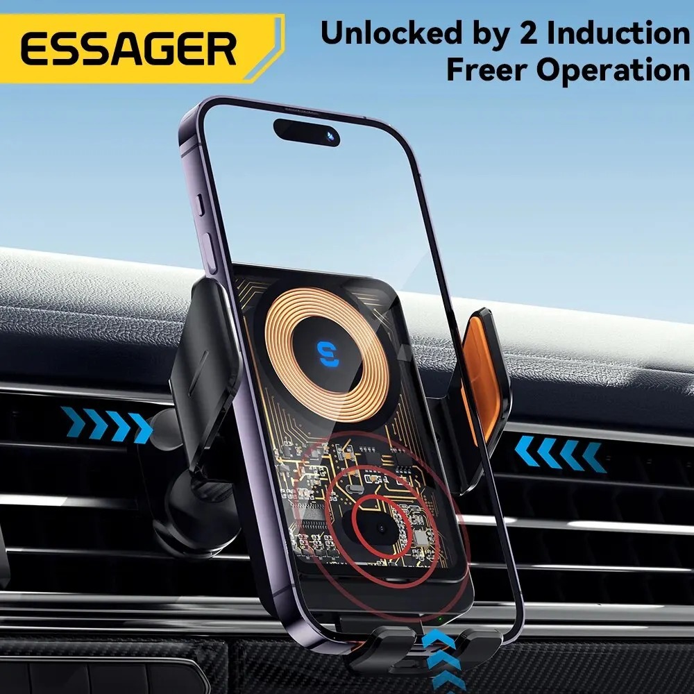 Support Téléphone Voiture avec Chargeur Sans Fil Qi 15W Essager – Fixation Grille d'Aération pour iPhone & Samsungimage 4