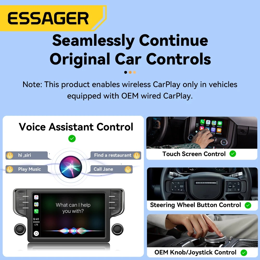 Adaptateur CarPlay Sans Fil Essager – Convertisseur USB Plug & Play pour iPhone, Connexion Filaire vers Sans Fil, Stéréo de Voiture OEM image 3