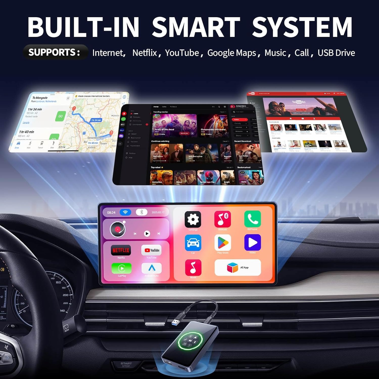 Adaptateur Sans Fil CarPlay/Android Auto Smart System – Boîtier Multimédia Voiture, Vidéo, GPS Google, USB 4+32GBimage 4