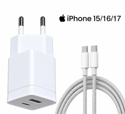 Adaptateur Secteur Double Port 35W (USB-C & USB-A) – Bloc de Charge Rapide + Câble pour iPhone 15/16/17 Series & Tablettes