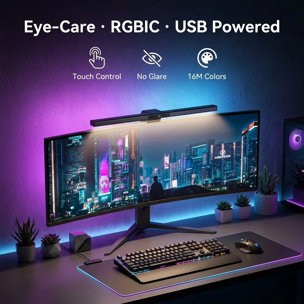 Barre Lumineuse pour Écran PC RGBIC Multi-Couleurs – Lampe LED Suspendue USB avec Éclairage Asymétrique Anti-Fatigue Oculaire