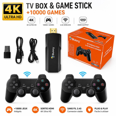Blulory 4K Game Stick 2en1 Android TV 12.0 – Clé Smart TV & Console Rétro 10 000+ Jeux avec 2 Manettes Sans Fil
