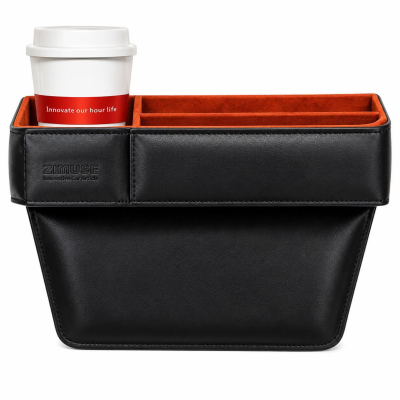 Boîte de Rangement Anti-Chute ZHUSE ZS-CA-002 en Cuir PU – Organisateur de Voiture avec Porte-Gobelet & Passe-Câble Intégrés