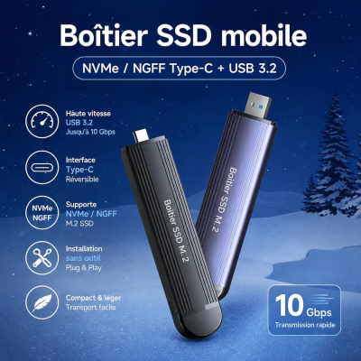 Boîtier Externe M.2 SSD NVMe / NGFF SATA USB 3.2 Type-C – Transfert Ultra-Rapide 10 Gbps & Installation Sans Outil