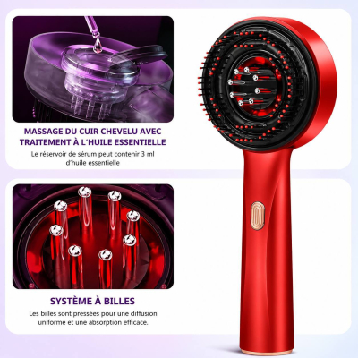 Brosse de Massage du Cuir Chevelu à Lumière Rouge 630nm – 3 Modes, Réservoir d'Huile 6ml, Étanche IPX7 & Rechargeable Type-C