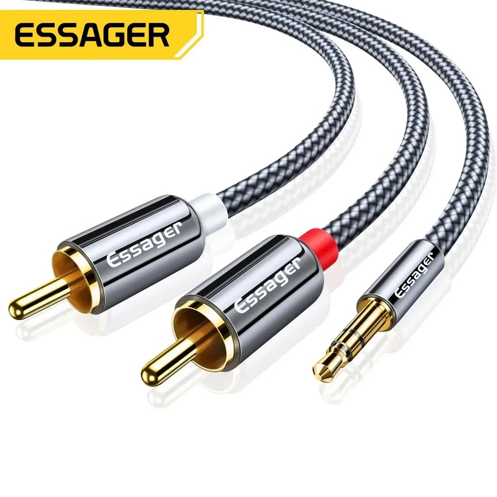 Câble Audio ESSAGER Jack 3,5 mm vers 2 RCA – Connecteurs Plaqué Or, Tressage Renforcé (1m / 2m / 5m)