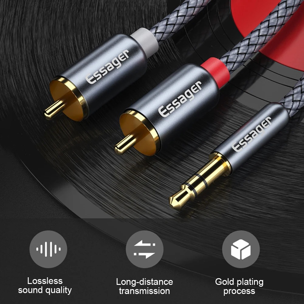 Câble Audio ESSAGER Jack 3,5 mm vers 2 RCA – Connecteurs Plaqué Or, Tressage Renforcé (1m / 2m / 5m) image 3