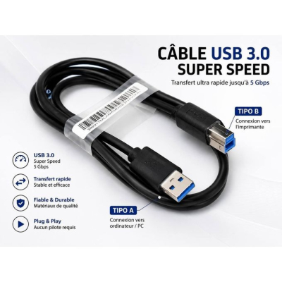 Câble USB 3.0 pour Imprimante Type A vers Type B – SuperSpeed 5Gbps Haute Vitesse pour Imprimante & Scanner