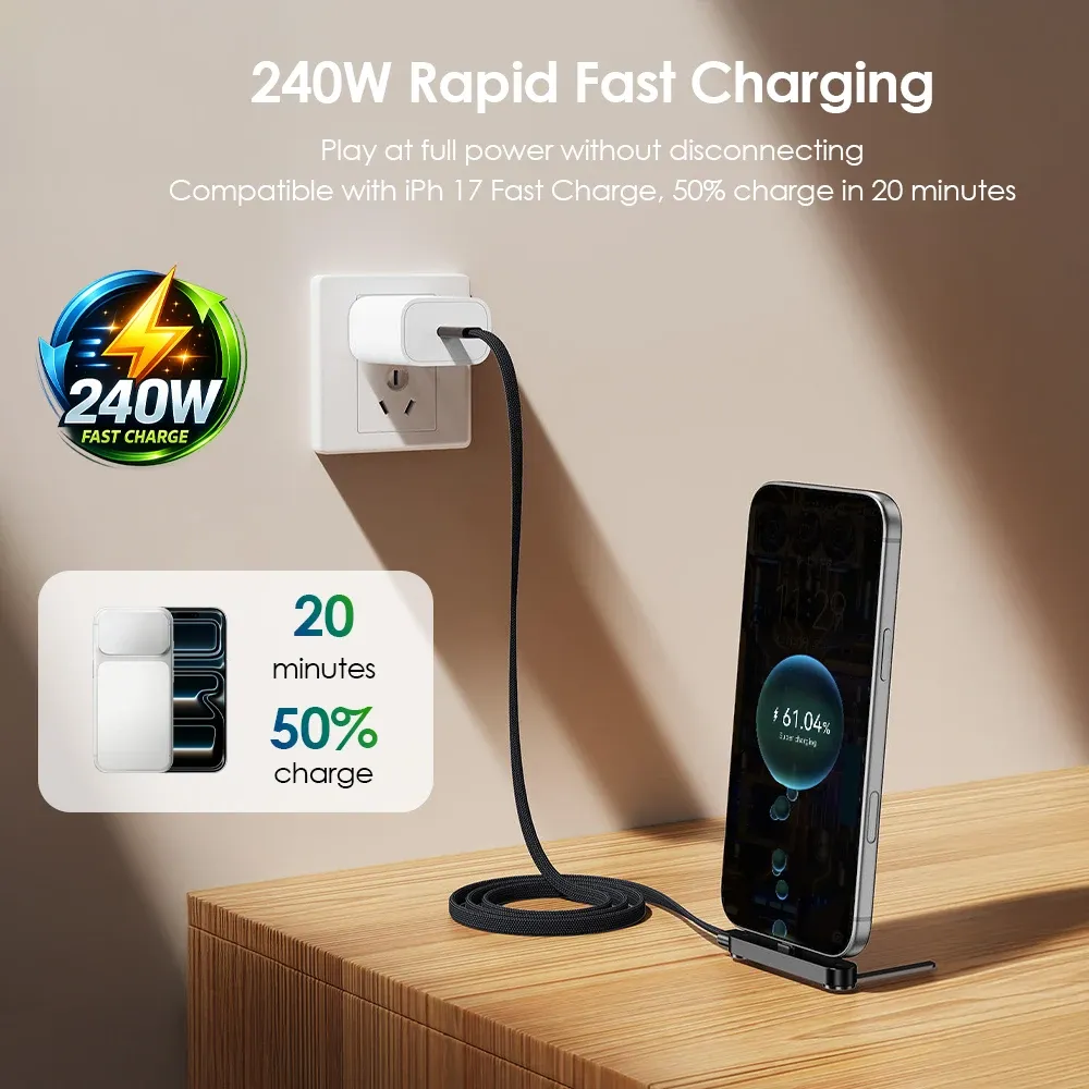 Câble USB-C 240W Charge Rapide Pliable avec Support Téléphone – Connecteur Coudé 90°, Cordon Tressé & Multi-Angles image 3