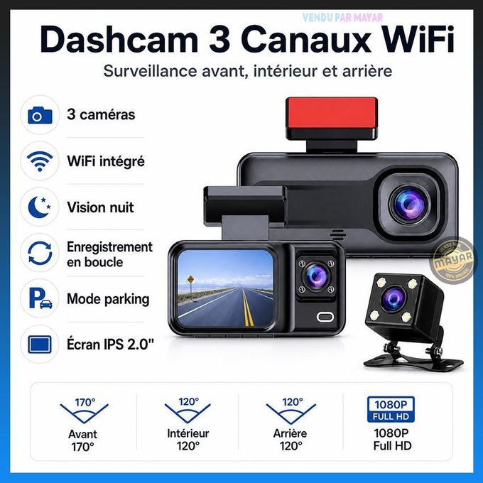 Caméra Embarquée Triple Objectif Full HD 1080p – Dashcam Voiture avec Vision Nocturne et Écran IPS 2