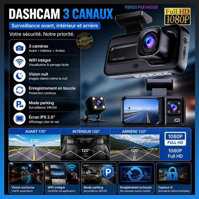 Caméra Embarquée Triple Objectif Full HD 1080p – Dashcam Voiture avec Vision Nocturne et Écran IPS 2image 4