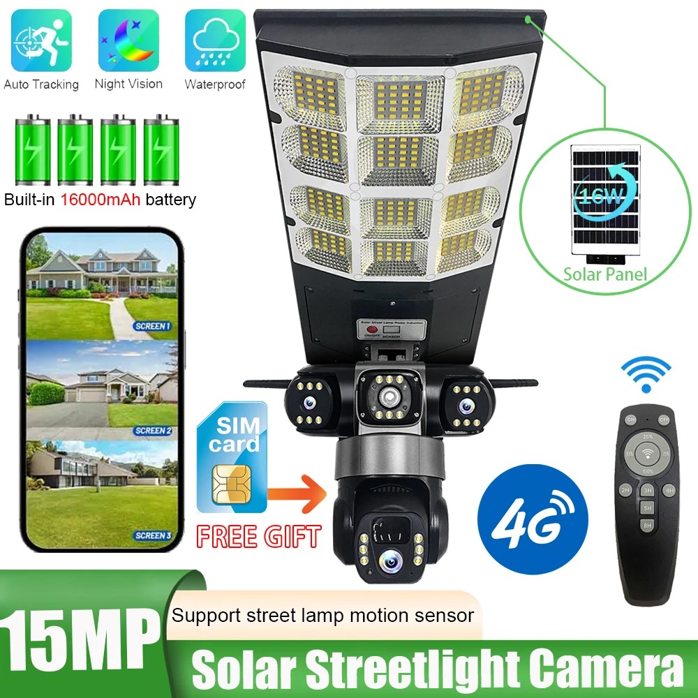 Caméra Solaire 4G 15MP Triple Objectif – Éclairage LED Intelligent, Étanchéité IP66, Surveillance 360° image 1