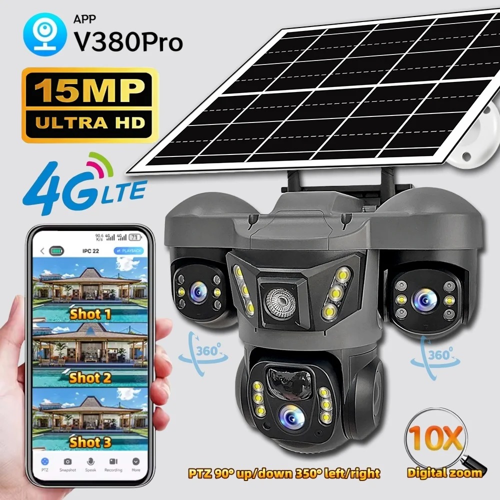 GENERALE - Caméra Solaire 4G 8K 15MP – Triple Objectif, Zoom 10X, Suivi Humanoïde Intelligent 360°