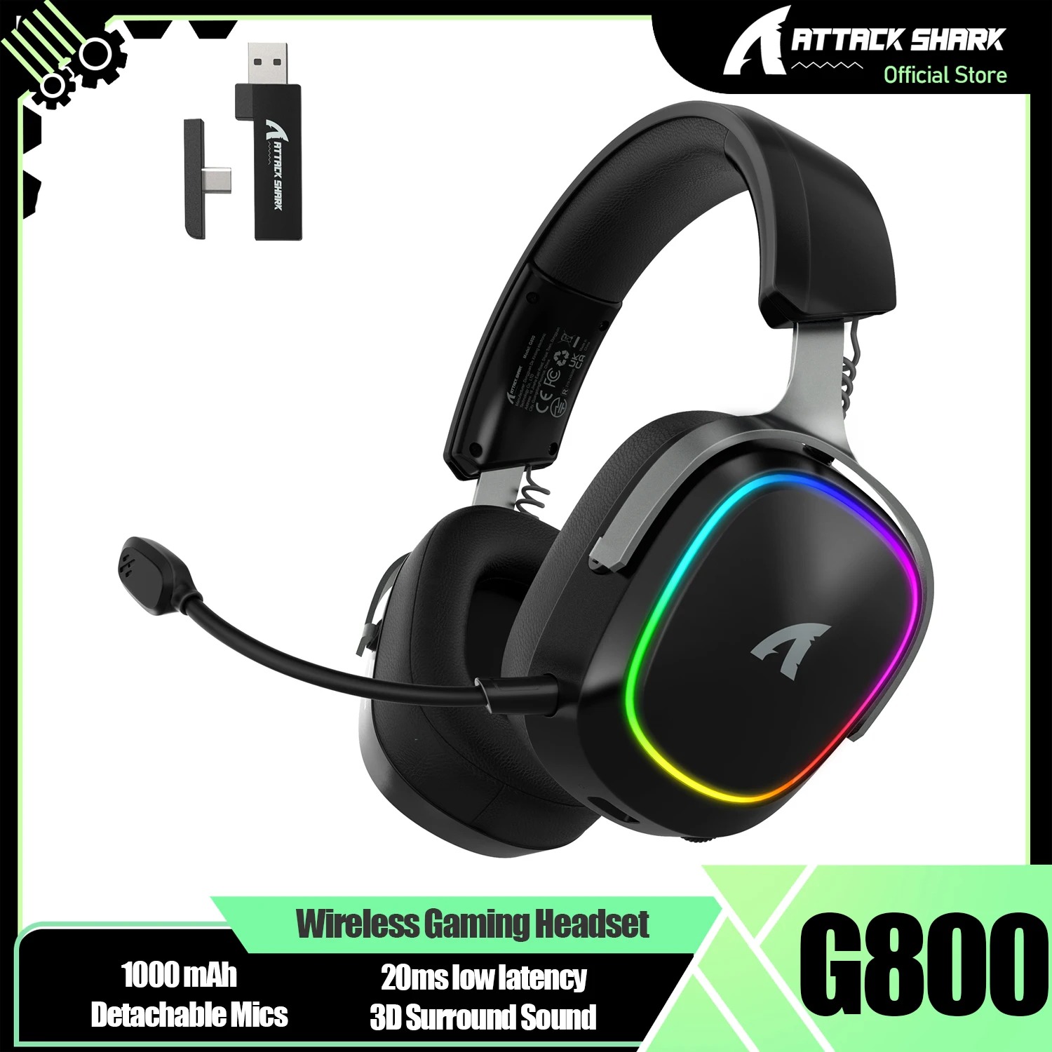 Casque Gamer Sans Fil ATTACK SHARK G800 – Batterie 1000 mAh, Micro Amovible, Cadre Aluminium & Son Surround 3D