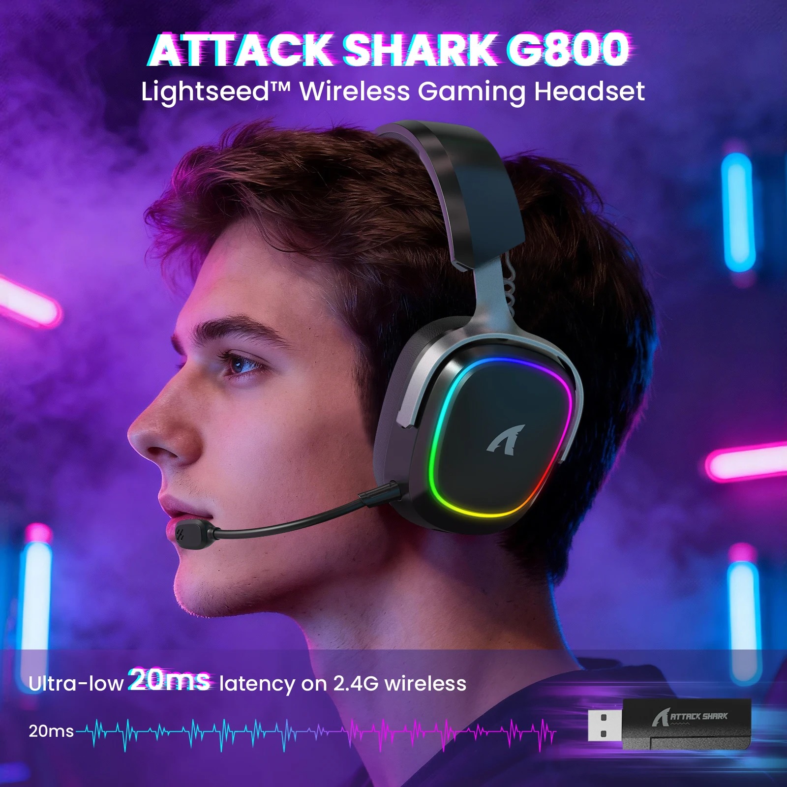 Casque Gamer Sans Fil ATTACK SHARK G800 – Batterie 1000 mAh, Micro Amovible, Cadre Aluminium & Son Surround 3D image 3