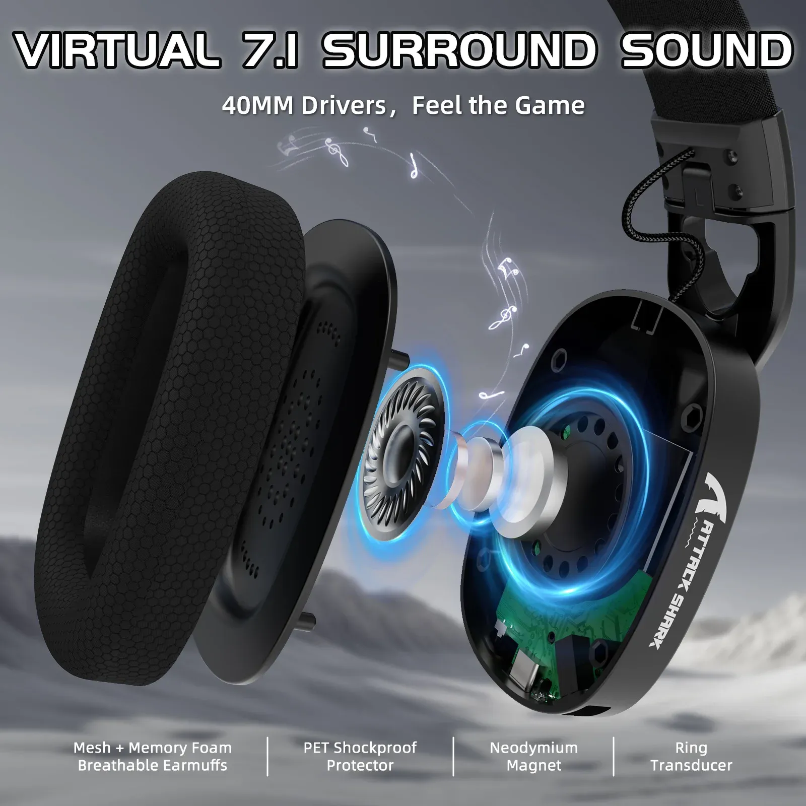 Casque Gaming Sans Fil Attack Shark L90 – Réduction Active du Bruit (ANC), Bluetooth 5.3 & Micro Inclusimage 4