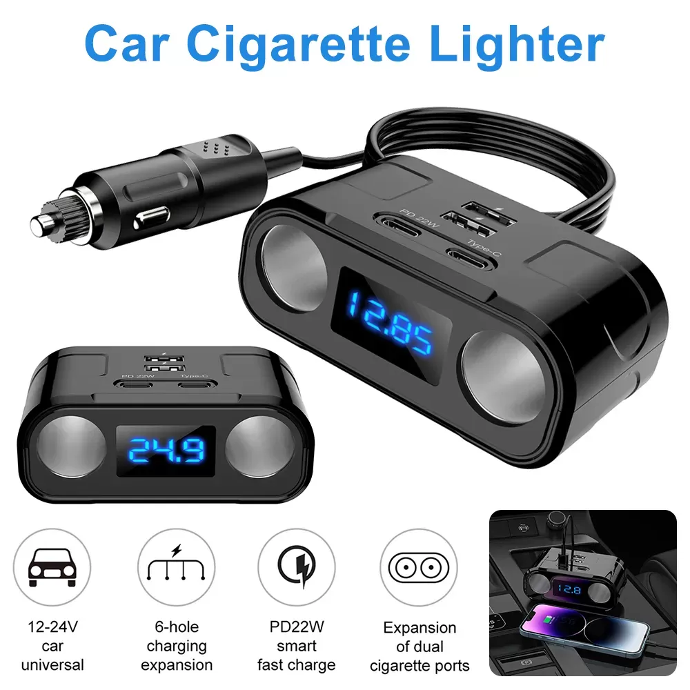 Chargeur Voiture 12V/24V Baseus L12CS - 2x USB-C PD 22W, 2x USB QC3.0 - Allume-Cigare avec Voltmètreimage-2