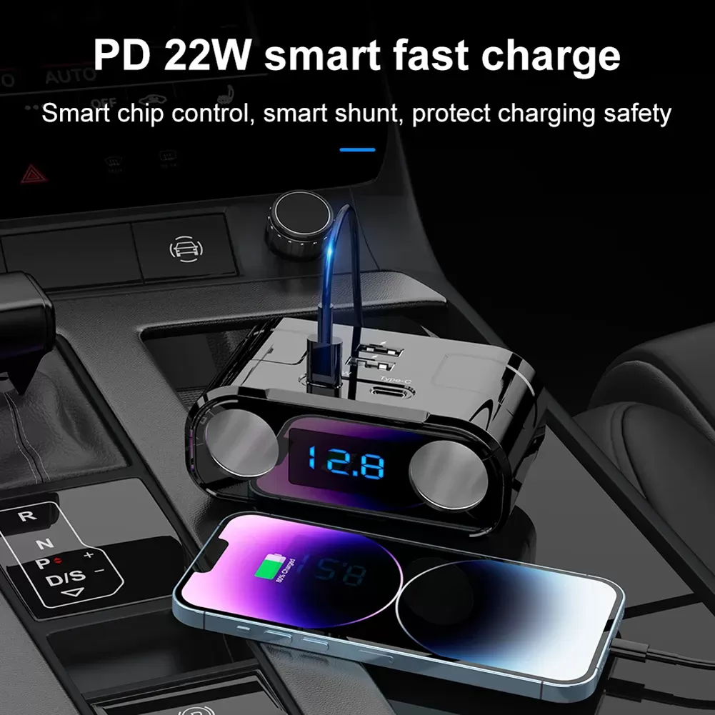 Chargeur Voiture 12V/24V Baseus L12CS - 2x USB-C PD 22W, 2x USB QC3.0 - Allume-Cigare avec Voltmètre image 3
