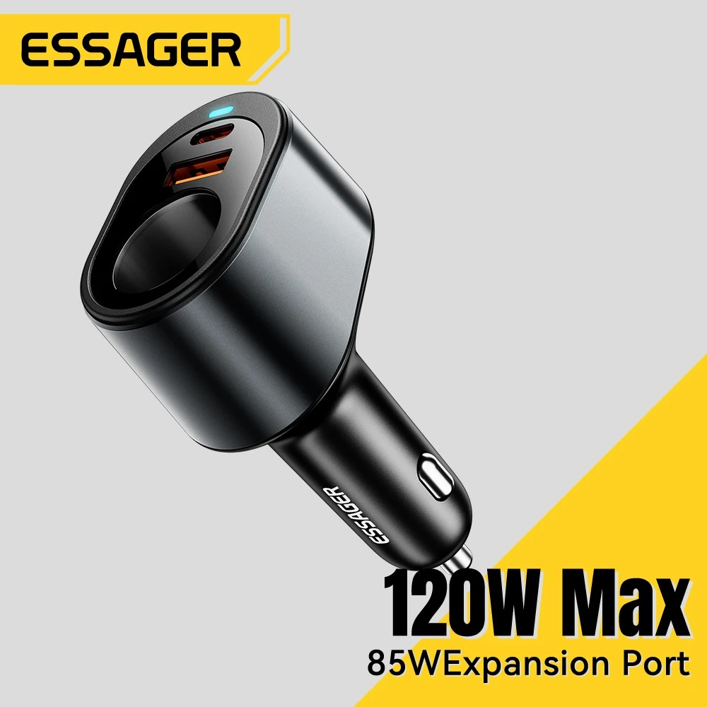 Chargeur Voiture Multi-Prises ESSAGER 120W – Prise Allume-Cigare Intégrée 85W, Ports USB-C PD 35W & USB-A 30W avec LED de Contrôle