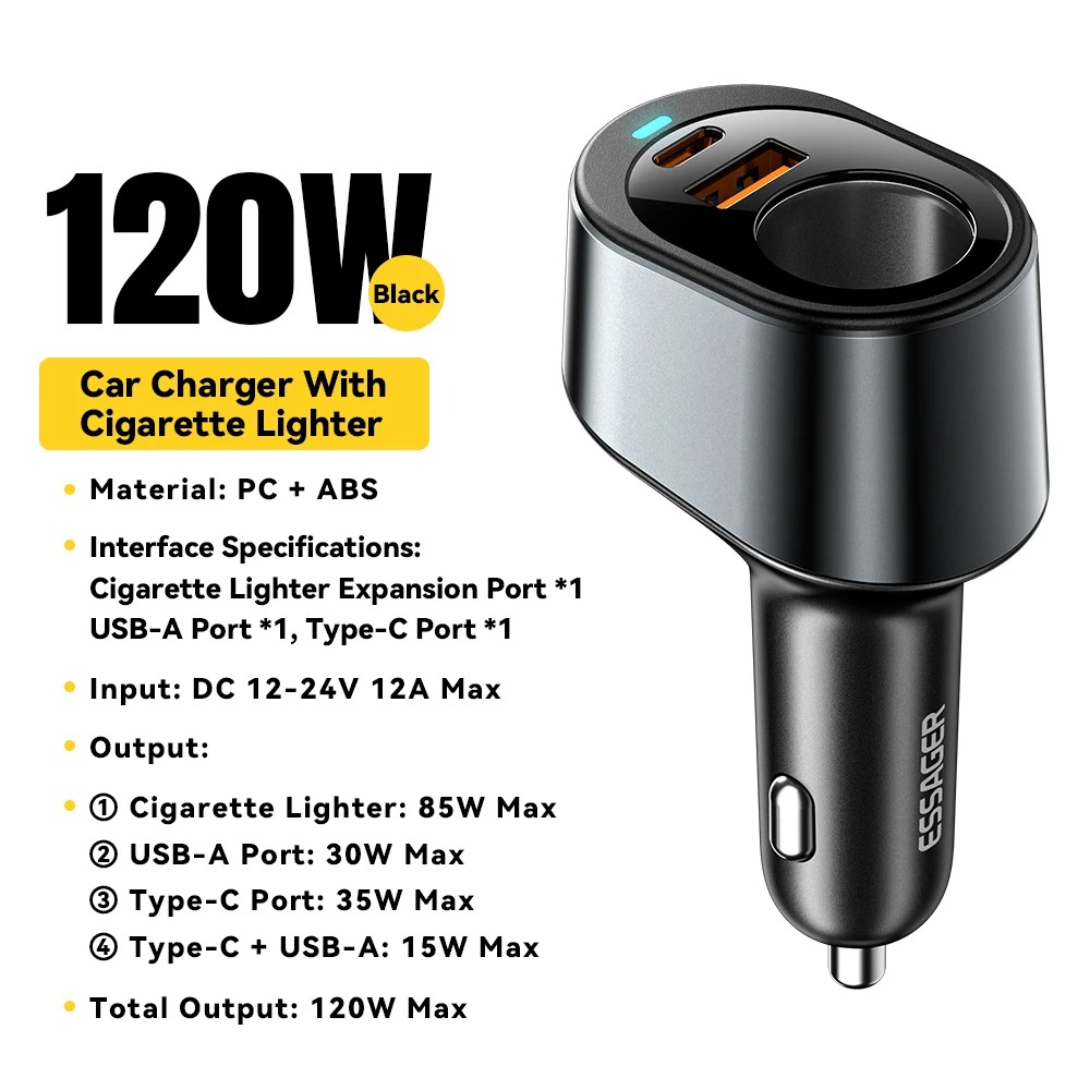 Chargeur Voiture Multi-Prises ESSAGER 120W – Prise Allume-Cigare Intégrée 85W, Ports USB-C PD 35W & USB-A 30W avec LED de Contrôleimage-2