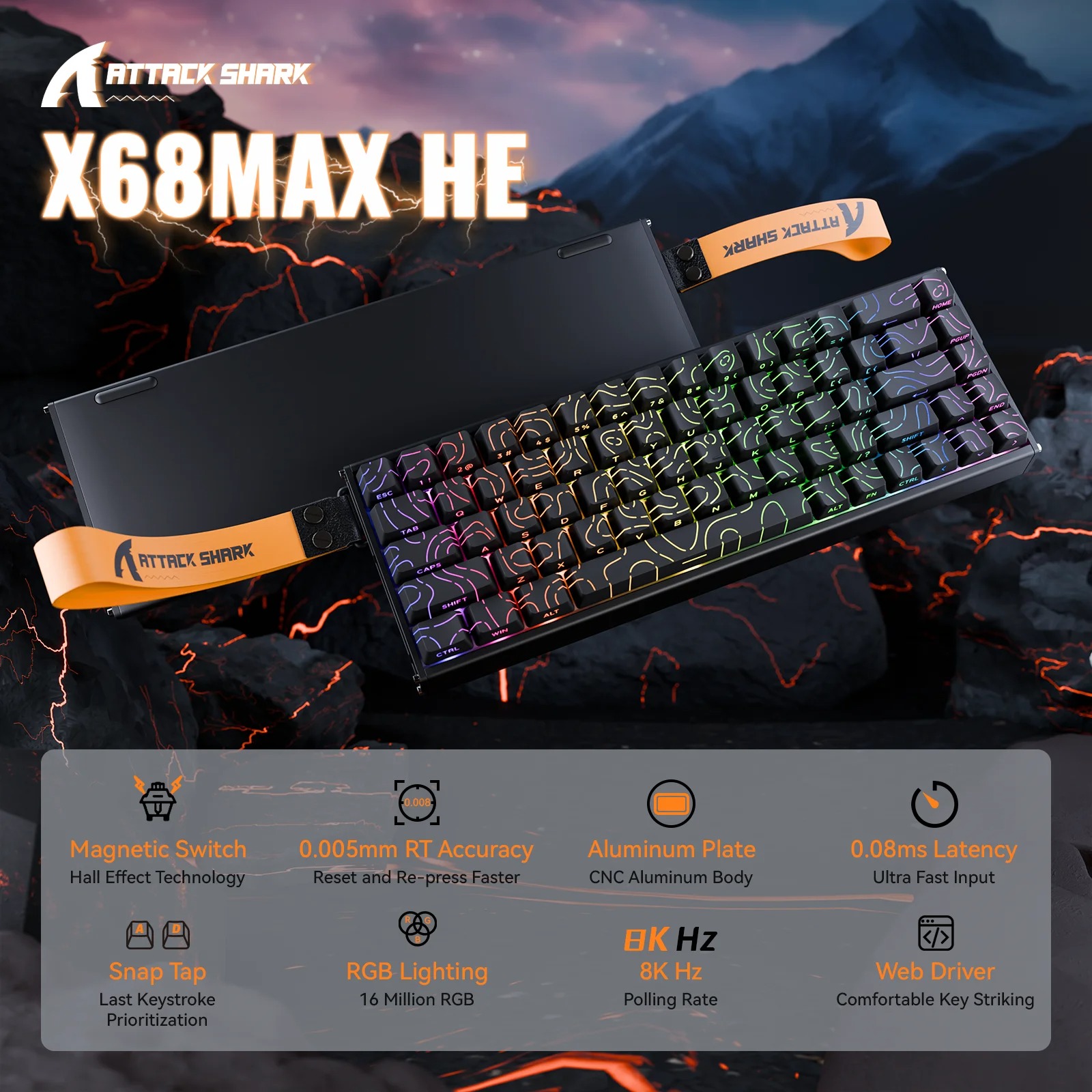 Clavier Gaming Magnétique ATTACK SHARK X68MAX HE – Châssis Aluminium, Rapid Trigger, Polling Rate 8KHz & Latence 0.08msimage-2