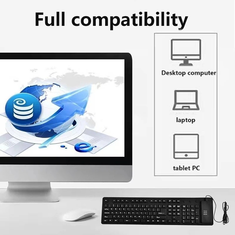 Clavier USB Flexible et Pliable 109 Touches – Étanche, Portable, en Caoutchouc Silicone pour PC et Ordinateur Portableimage 4